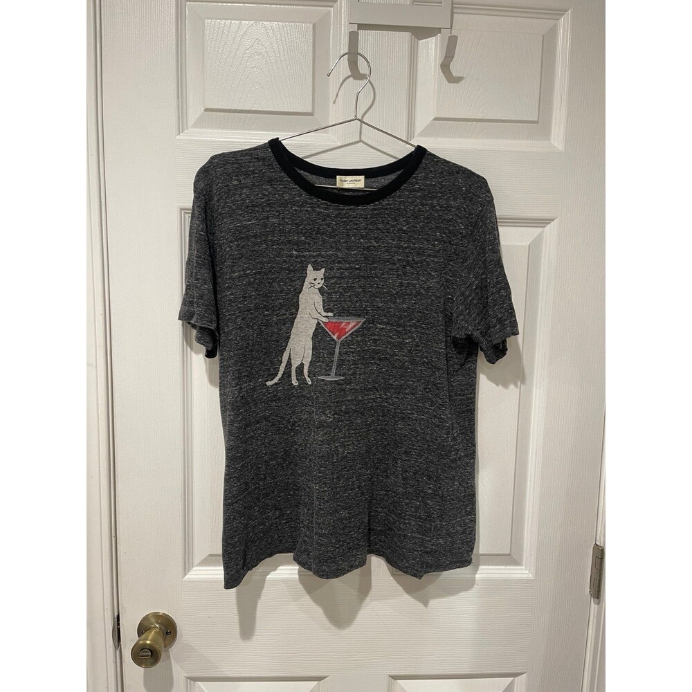 2017 Saint Laurent ‘Martini Cat’ Speckled Grey Graphic T-Shirt - Picture 1 of 4